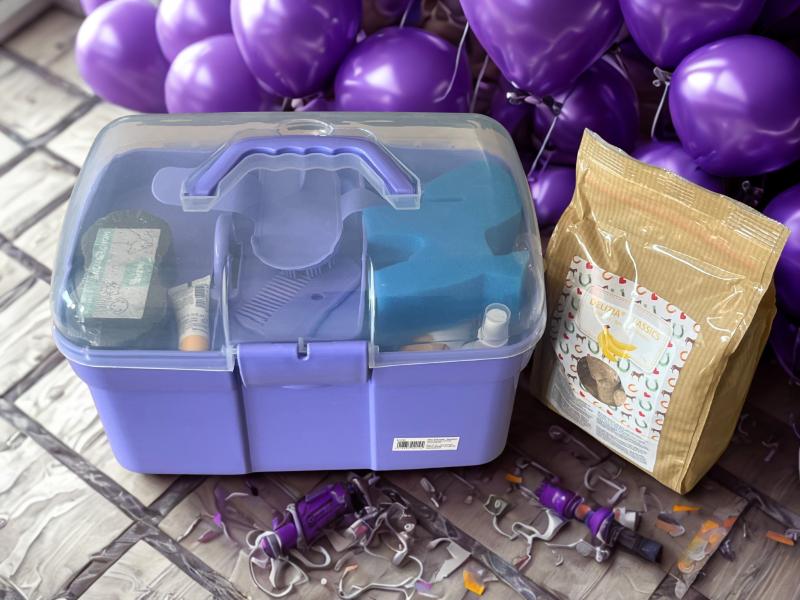 Abbildung Putzbox komplett geschlossen mit Leckerchen mit Geburtstagsballons
